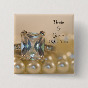 Badge Carré 5 Cm Mariage Princess Diamond Ring et White Pearl