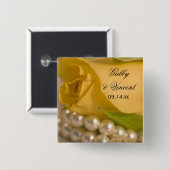 Badge Carré 5 Cm Mariage Rose jaune et perles blanches (Devant & derrière)