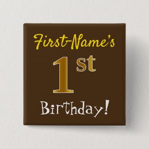 Badge Carré 5 Cm Marron, Faux Or 1er Anniversaire, Avec Nom Personn