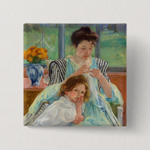 Badge Carré 5 Cm Mary Cassatt - Jeune mère coudre