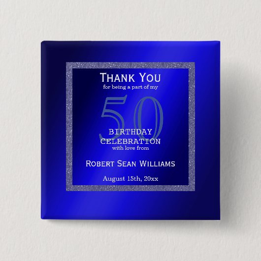 Badge Carré 5 Cm Masculine Cadre bleu et Parties scintillant 50e an (Devant)