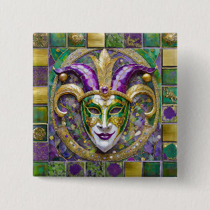 Badge Carré 5 Cm Masque de Jester Mardi Gras Violet Vert Or