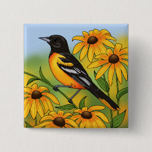 Badge Carré 5 Cm MD State Bird Oriole & Black eyed Susan Flower