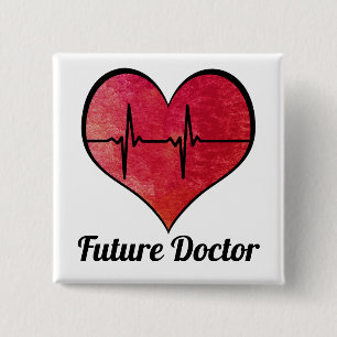 Badge Carré 5 Cm Médecin futur - Cœur EKG Aquarelle Rouge