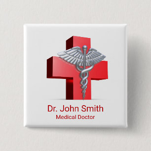 Badge Carré 5 Cm Médicale 3D Caduceus Croix Rouge Argent