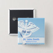 Badge Carré 5 Cm Médicale blanc 3D Caduceus Blue Design (Devant & derrière)