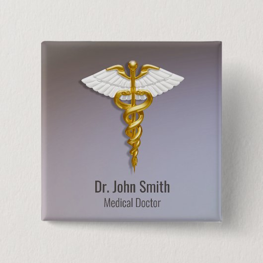 Badge Carré 5 Cm Médicale Elegant Gold Caduceus ailes blanches (Devant)