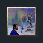 BADGE CARRÉ 5 CM MÉDITATION D'UN CHEVALIER<br><div class="desc">Un dragon sous la neige. Peinture miniature surréaliste et symbolique sur le bois 2007 par Alessandro Lumini en Bleu blanc,  couleurs brun gris.</div>