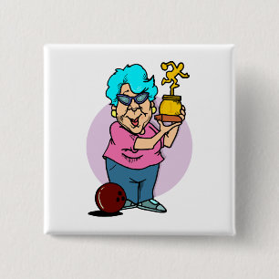 Badge Carré 5 Cm mémé dessin animé championne de bowling