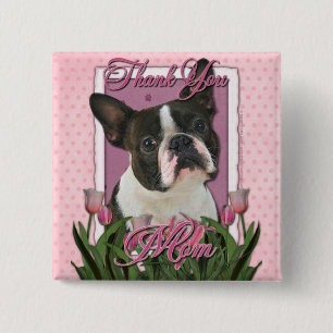 Badge Carré 5 Cm Merci - tulipes roses - Boston Terrier
