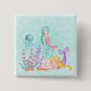 Badge Carré 5 Cm Mermaids et méduses sous l'aquarelle marine