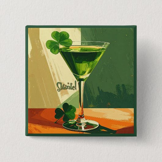 Badge Carré 5 Cm Mid Century Modern Shamrock Martini Sláinte!  (Devant)