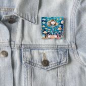Badge Carré 5 Cm Mignonne petite sirène sous la mer avec du poisson (En situation)