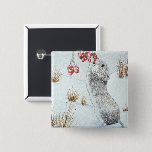 Badge Carré 5 Cm Mignonne souris mangeant des baies la neige scène  (Devant & derrière)