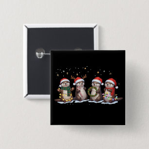Badge Carré 5 Cm Mignons loutres de Noël avec chapeaux de Père Noël