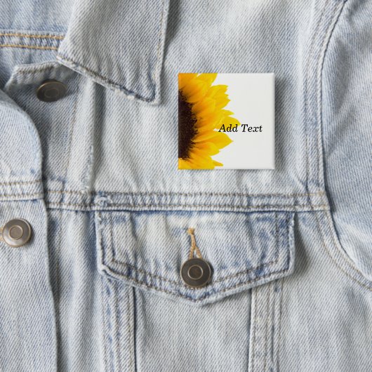 Badge Carré 5 Cm Modèle de tournesol, texte en gras (En situation)