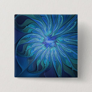 Badge Carré 5 Cm Modèle fantaisie fleur bleue, art fractal abstrait
