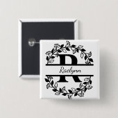 Badge Carré 5 Cm Modern Black Floral Wreath Split Monogram "R" (Devant & derrière)