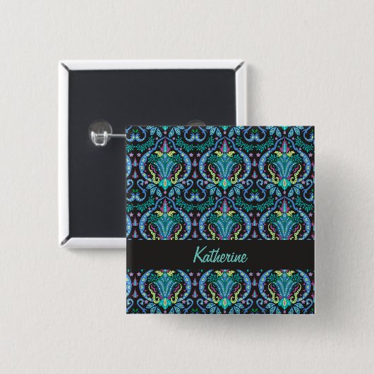 Badge Carré 5 Cm Moderne Damask Art Déco Noir Turquoise Bleu Nom (Devant & derrière)