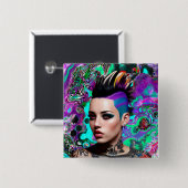 Badge Carré 5 Cm Mohawk Punk Girl Art Abstrait (Devant & derrière)