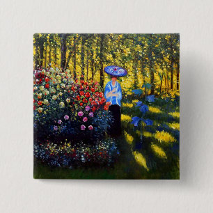 Badge Carré 5 Cm Monet Woman avec un parasol dans le jardin