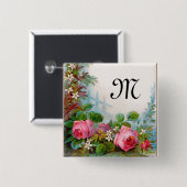 BADGE CARRÉ 5 CM MONOGRAME DE ROSES ET DE JASMINE (Devant & derrière)