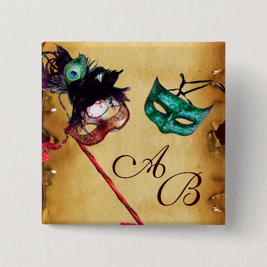 BADGE CARRÉ 5 CM MONOGRAMME DE FÊTE MARDI GRAS MASQUERADE (Devant)