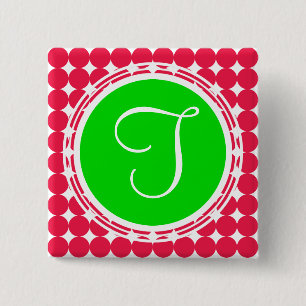 Badge Carré 5 Cm Monogramme de point Polka vert et rouge