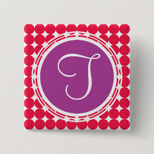 Badge Carré 5 Cm Monogramme de point Polka violet et rouge