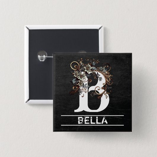 Badge Carré 5 Cm Monogramme en tableau avec floral (Devant & derrière)