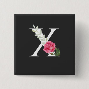 Badge Carré 5 Cm Monogramme Lettre initiale X en blanc avec rose ro