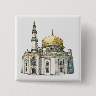 Badge Carré 5 Cm Mosquée avec le dôme et le minaret d'oignon d'or