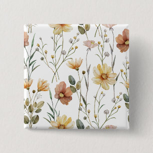 Badge Carré 5 Cm Motif botanique de fleurs sauvages aquarelle douce
