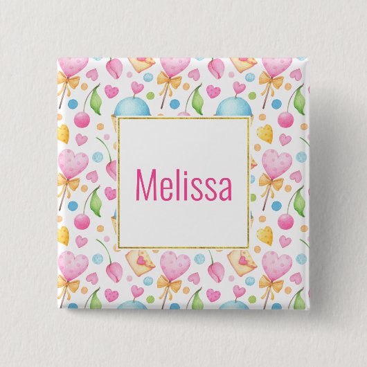 Badge Carré 5 Cm Motif d'aquarelle douce Coeurs et Cupcakes (Devant)