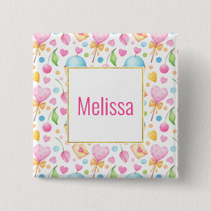Badge Carré 5 Cm Motif d'aquarelle douce Coeurs et Cupcakes