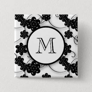 Badge Carré 5 Cm Motif de fleurs noir mignon de mod, votre initiale