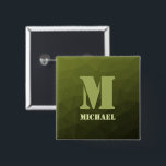 Badge Carré 5 Cm Motif de maillage géométrique d'olive verte de l'a<br><div class="desc">Monogramme Personnalisez le cadeau pour lui avec votre initiale et votre nom personnalisés. Motif géométrique en maille à dégradé d'olive vert de l'armée. Militaire dégradé géométrique maillage motif triangles ombre. Huile verte d'olive foncée de l'armée pour équipement de soldat, camo. Il imite les paysages militaires naturels, la résistance, l'endurance, la...</div>