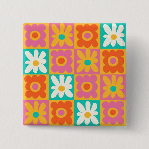 Badge Carré 5 Cm Motif floral à carreaux rétro groovy des années 70
