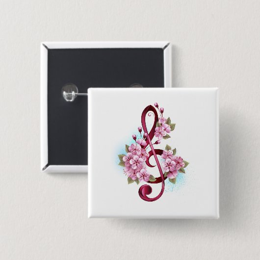 Badge Carré 5 Cm Musical treble clef notes with sakura flowers (Devant & derrière)