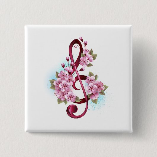 Badge Carré 5 Cm Musical treble clef notes with sakura flowers (Devant)