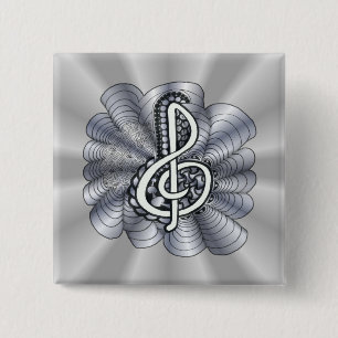 Badge Carré 5 Cm Musique Clef Argent