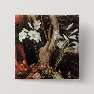 BADGE CARRÉ 5 CM NATIVITÉ AVEC DES LILLES BLANCHES - MAGIE DE NOËL