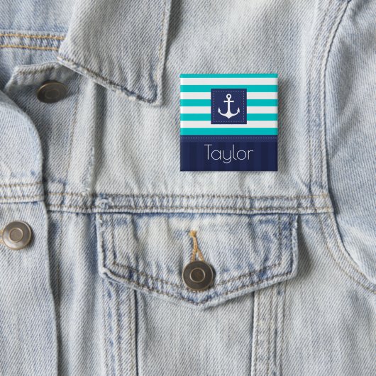 Badge Carré 5 Cm Nautical Aqua Navy Stripes Nom personnalisé (En situation)