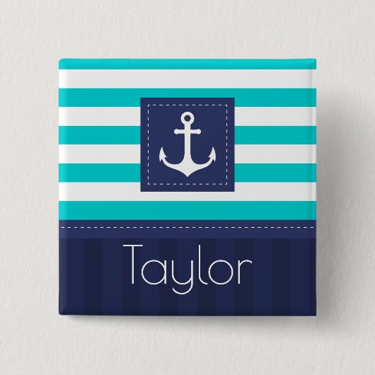 Badge Carré 5 Cm Nautical Aqua Navy Stripes Nom personnalisé (Devant)