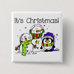 Badge Carré 5 Cm Neiges et pingouins C'est Noël