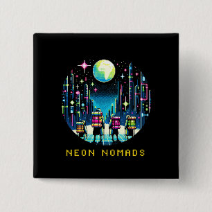 Badge Carré 5 Cm Neon Nomads - Cyberpunk Pixel Art Travel Design