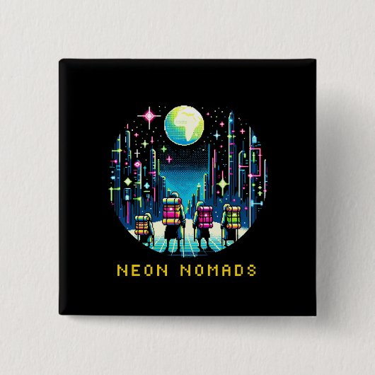 Badge Carré 5 Cm Neon Nomads - Cyberpunk Pixel Art Travel Design (Devant)