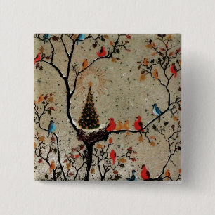 Badge Carré 5 Cm Nid d'arbre de Noël ~ Boutons