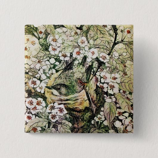 Badge Carré 5 Cm NID OISEAU, blanc brun vert jaune (Devant)