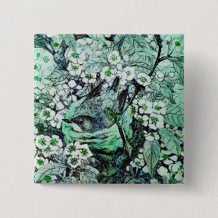 Badge Carré 5 Cm NID OISEAU, vert blanc